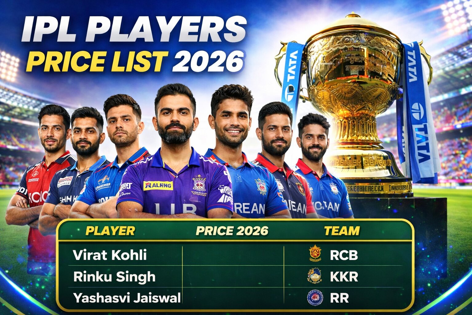IPL Players Price List 2026: Kohli, Rinku Singh, Jaiswal & Pant Salary Details